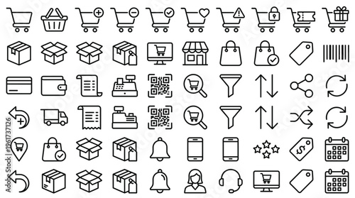 Set of 60 E-commerce Line Icons Vector
