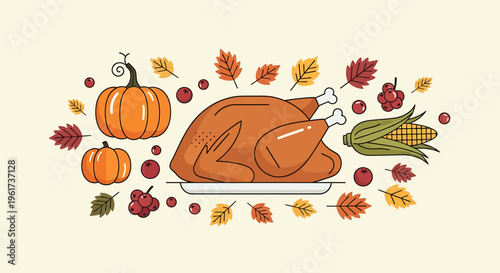 Roasted Turkey with Autumn Leaves Surrounding.