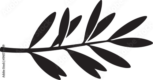 Black olive branch, leafy vector icon, simple botanical illustration, minimalist design element