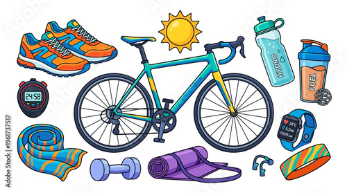 Cycling, running, and yoga equipment for outdoor fitness activities and sports training