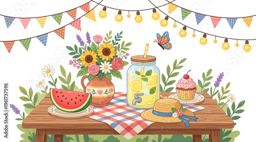 Refreshing summer picnic with watermelon, lemonade, flowers, and cupcake on a checkered blanket