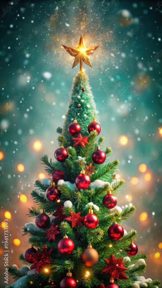 Obraz premium A photo of a festive red and green Christmas tree adorned with twinkling lights, snowflakes gently falling from the sky above, and an angel on top of