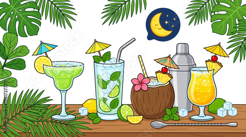 Refreshing tropical cocktails and party elements with lush green foliage and a shaker