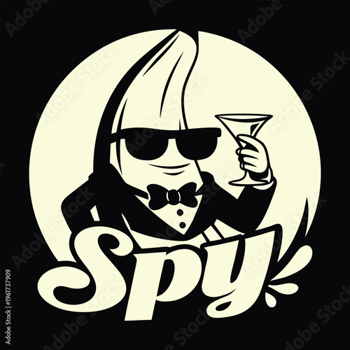 A stylish banana secret agent wearing a tuxedo and sunglasses holding a martini glass logo design Round Draw Logo, Editable Vector