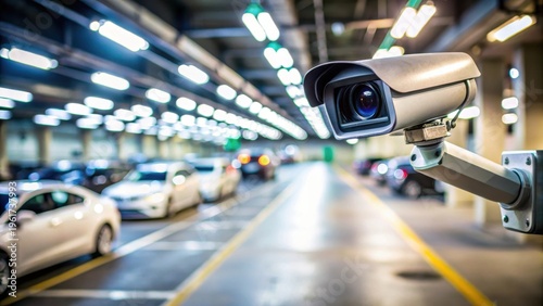 A photo of modern security cameras monitoring a parking area with an access granted