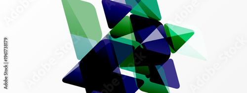 Abstract shapes overlap, creating dynamic composition. Greens, blues dominate white background. Modern design, fluid forms present.