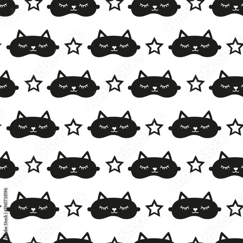 Seamless Pattern. Black cat Mask for dreaming with star. Night mask with animal. Vector flat iilustration.