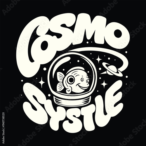 A whimsical monochrome graphic design of a happy little fish floating inside a round space helmet Round Draw Logo, Editable Vector