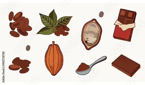 Chocolate cacao ingredients retro doodle sticker icon collection vector