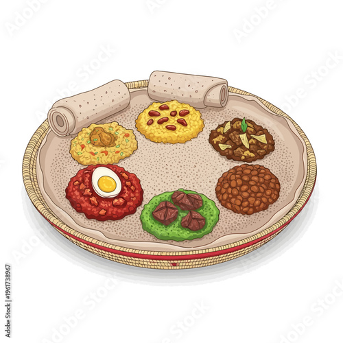 Ethiopian food platter with injera and various stews
