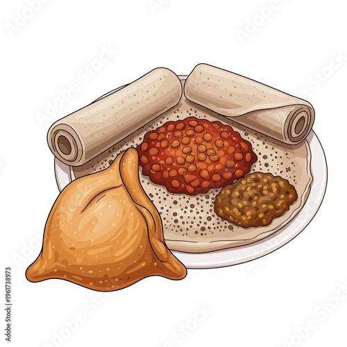 Ethiopian Injera platter with Sambusa and stews