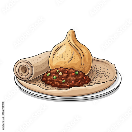 Ethiopian Injera with Doro Wat and Sambusa illustration