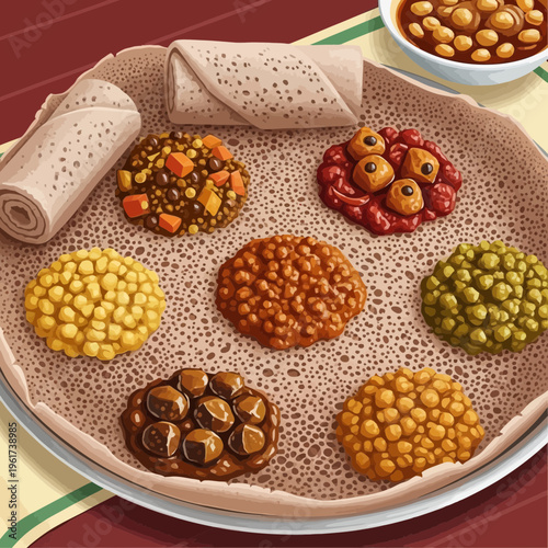 Ethiopian Injera Platter with Assorted Wots and Gomen