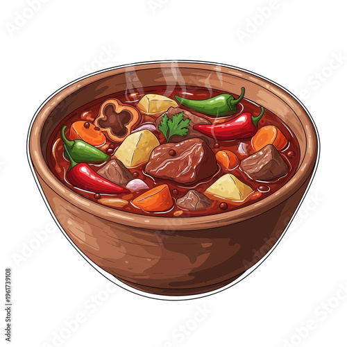 Hearty Beef Stew in Rustic Bowl with Vegetables and Peppers