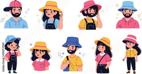 Collection of people wearing hats vector illustrations featuring diverse characters in stylish outfits with different headwear fashion