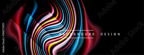 Abstract colorful waves form dynamic design. Black background emphasizes vibrant curves, creating modern visual impact.
