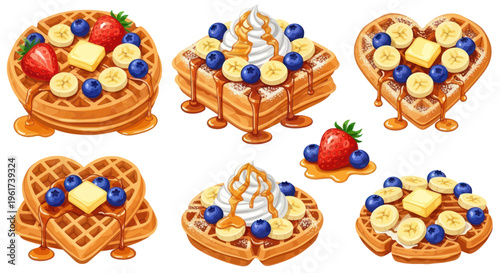 Delicious Waffles with Fruit, Cream, and Syrup - Sweet Breakfast Treats