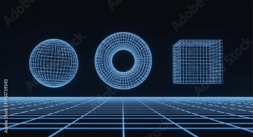 Abstract Wireframe Shapes on Grid - Sphere, Torus, Cube.