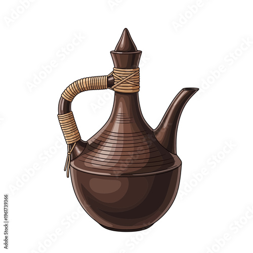 Traditional Ethiopian coffee pot (Jebena) with woven handle and lid, isolated on white.