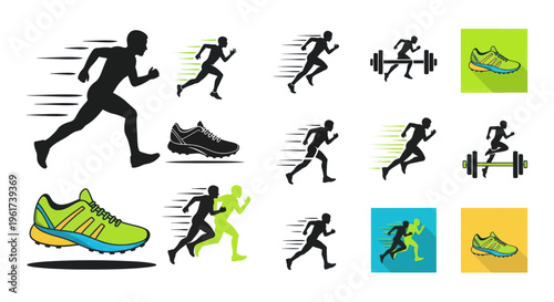 Running Silhouette Icons and Sneakers - Fitness and Sport Graphics