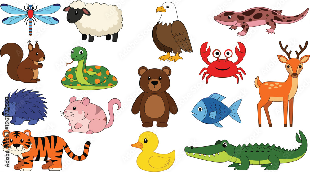 Naklejka premium Collection of wild animal vector illustrations including tiger bear deer crocodile eagle snake fish and cute cartoon wildlife set