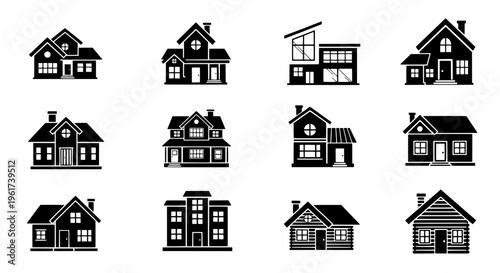 Houses black silhouette set with various architectural styles and structures, simple vector illustration