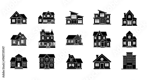 Houses set of black and white silhouette illustrations with various architectural styles and details.