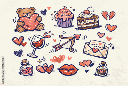 Charming hand-drawn romantic doodle illustrations for Valentine's Day, featuring sweet treats, love symbols, affection