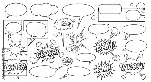 Speech bubbles comic book style with crash bam and whoosh effects featuring illustration, graphic resource, pop art with dialogue and onomatopoeia
