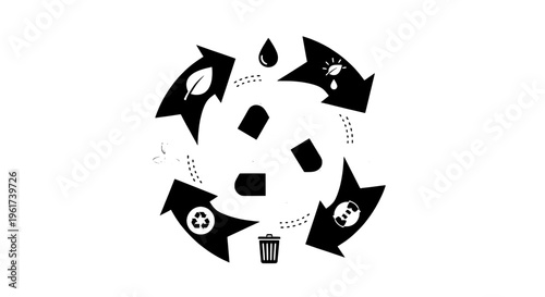 Arrows recycling symbol with black curved lines and eco-friendly icons featuring circular, sustainability, environment with green and ecology