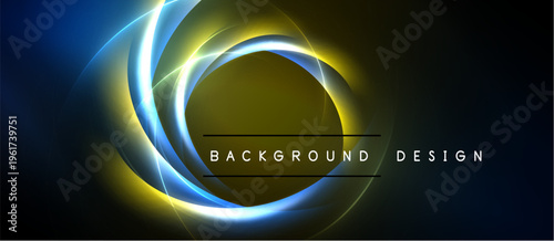 Abstract concentric circles, vibrant blue, yellow hues. Dark background emphasizes glowing effect. Text reads background design.