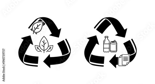 Arrows recycling symbol set with leaf and product icons in black featuring recycle logo, eco friendly, sustainability with green and environmentally
