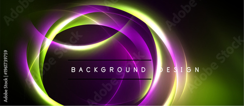 Abstract design features glowing curves, vibrant purple, green hues. Dark background enhances luminosity, creating dynamic visual effect.