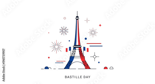 Illustration of the Eiffel Tower with red, white, and blue stripes on Bastille Day, surrounded by festive fireworks and stars on a white background with a Parisian siluet.