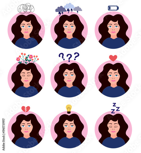 Collection Woman with mental problems. Stress Awareness. Anxiety. Depression. ADHD. In love. Burnout. Overthinking. Mental health. Inner peace. Flat vector set illustration.