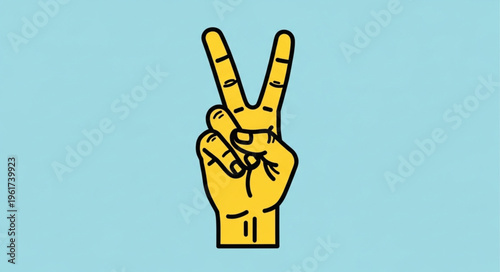 Hand Gesture - Peace Sign with Yellow Hand on Blue Background.