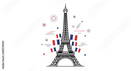 Illustration of the Eiffel Tower with French flags and symbols celebrating Bastille Day on July 14th in Paris.