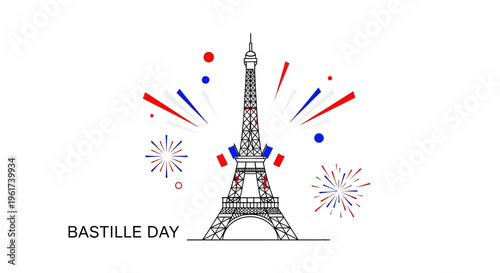 Illustration of the Eiffel Tower with fireworks on Bastille Day, celebrating 14 Juli Prancis in Paris with a vibrant display of red, white, and blue colors.