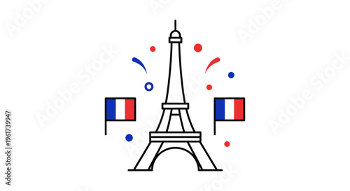 Illustration of the Eiffel Tower with French flags and festive confetti celebrating Bastille Day on a white background with a joyful mood.
