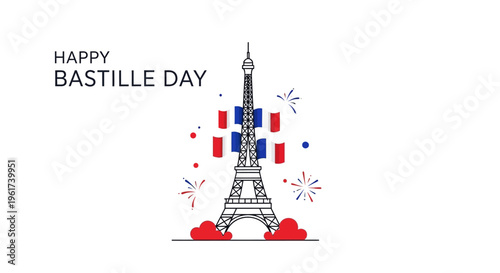 Illustration of the Eiffel Tower with a French flag design and fireworks on Bastille Day, July 14th, in Paris with a celebratory mood.