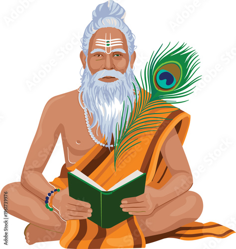 Hindu Sage or Sadhu Character Vector Illustration Sitting Cross-Legged Reading Holy Book and Holding Sacred Peacock Feather