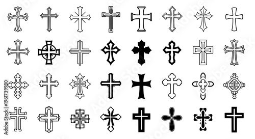 Crosses set with various black line styles and symbols on white background featuring christianity, icons, graphic resources with illustrations and