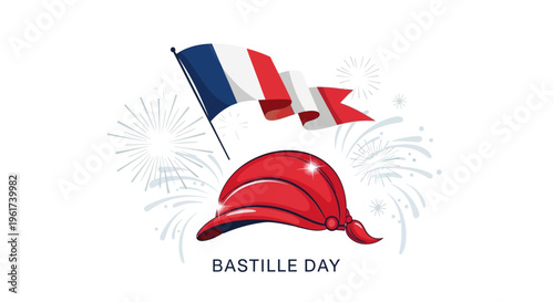 Graphic illustration of a red helmet with French flag and fireworks on Bastille Day, symbolizing celebration and patriotism in Paris.