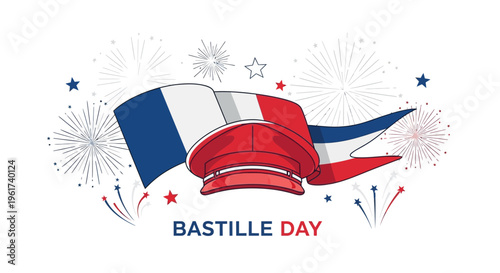Graphic illustration of a French flag waving amidst fireworks and stars on Bastille Day, celebrating 14 Juli Prancis with a vibrant siluet of Paris.