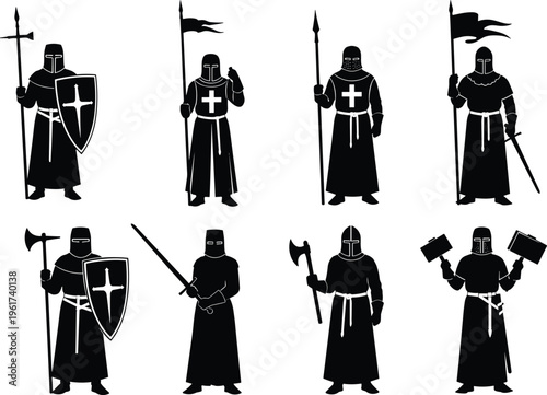 Medieval knight silhouettes collection, crusader warriors with weapons, shield sword axe, historical armor figures, fantasy soldiers, black isolated illustration set