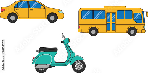 Urban transport vehicles illustration, car bus scooter set, city transportation concept, public and private travel, flat design, modern mobility icons