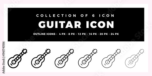 Collection of 6 Outline Guitar Icons. Vector Graphic. Music. Instrument