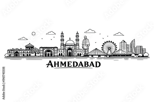  Ahmedabad Skyline Line Art Vector, Gujarat India Cityscape Outline Illustration Isolated on White Background