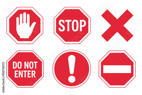 Traffic Prohibition and Warning Signs Set Vector Stop No Entry Symbols for Safety Design