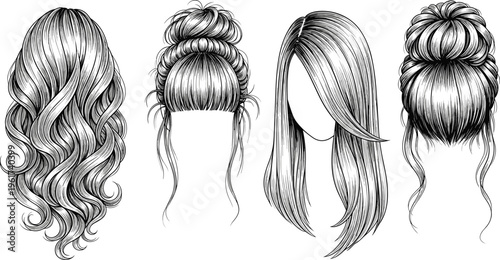 Women hairstyles collection, long hair, bun styles, elegant fashion illustration, black and white sketch, beauty salon design, trendy haircuts set